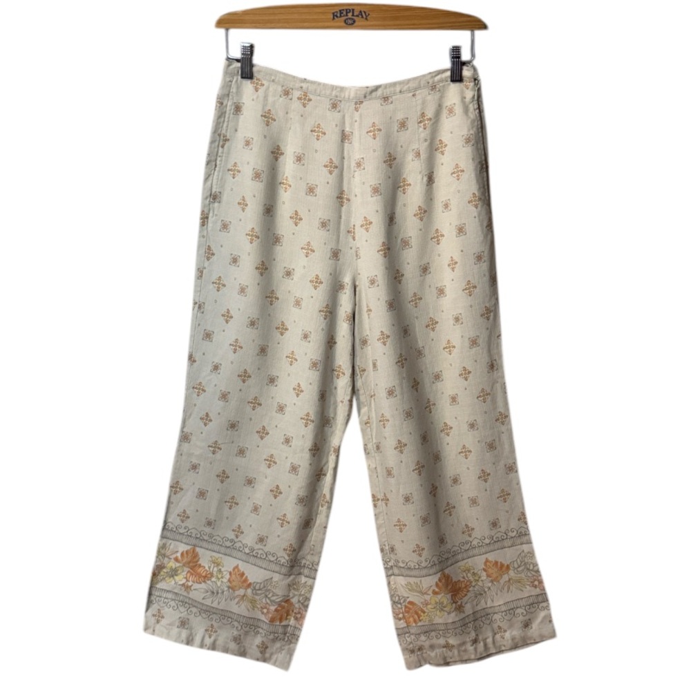 Tommy Bahama Silk Cream Wide Leg Capri Pants with Floral Border Print Size 10